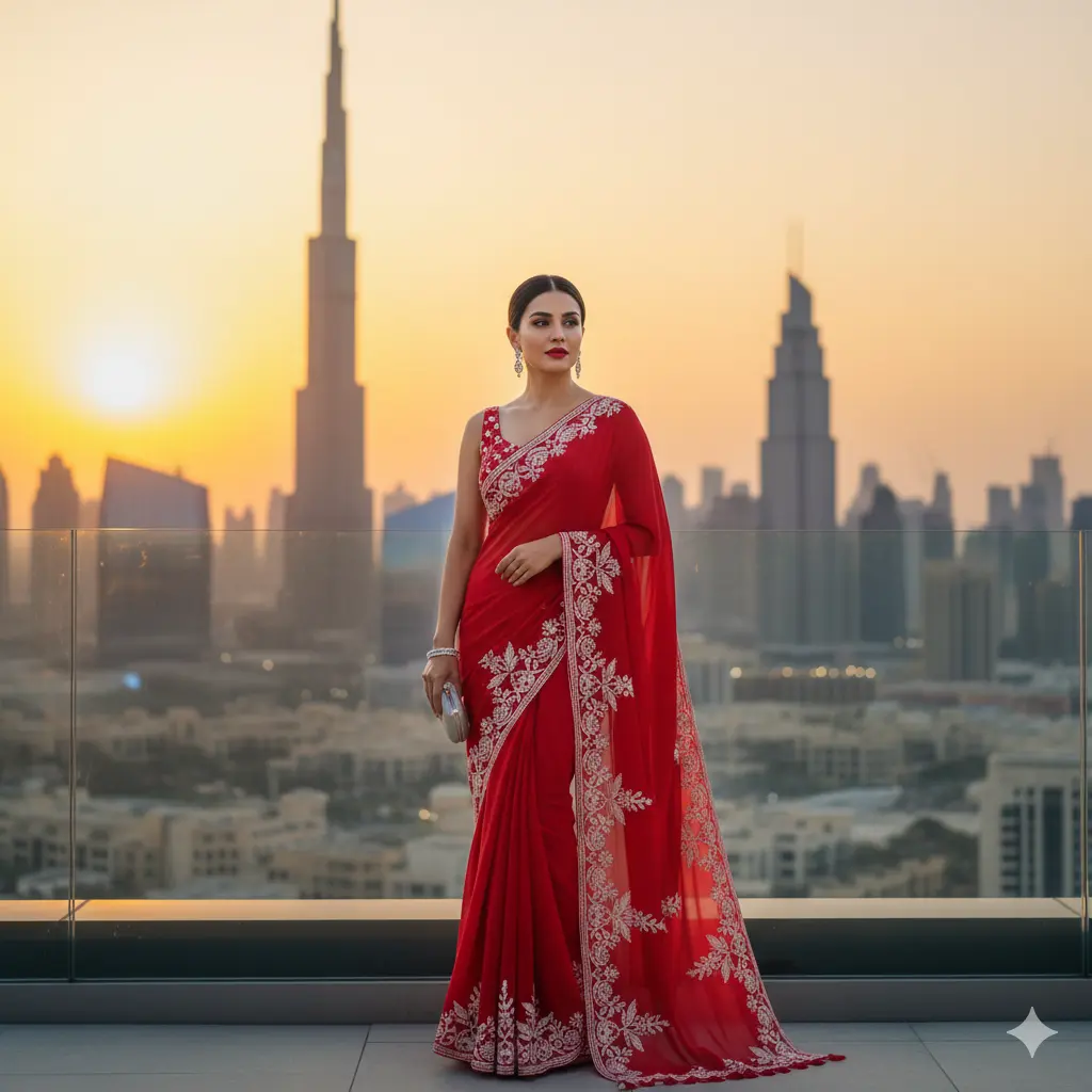 Stylish woman wearing a modern red saree with white embroidery under Dubai skyline at sunset