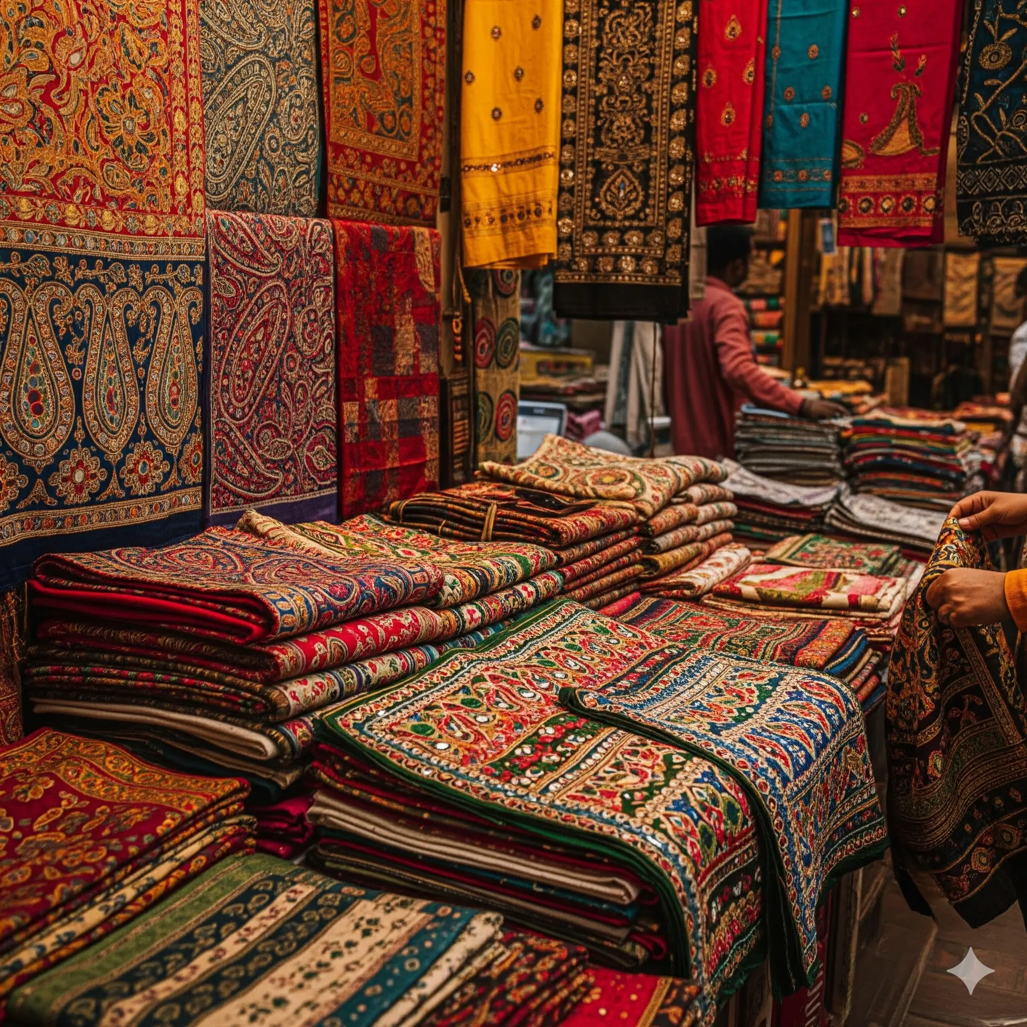 Vibrant handwoven textiles at an Indian market, showcasing Indian textile arts