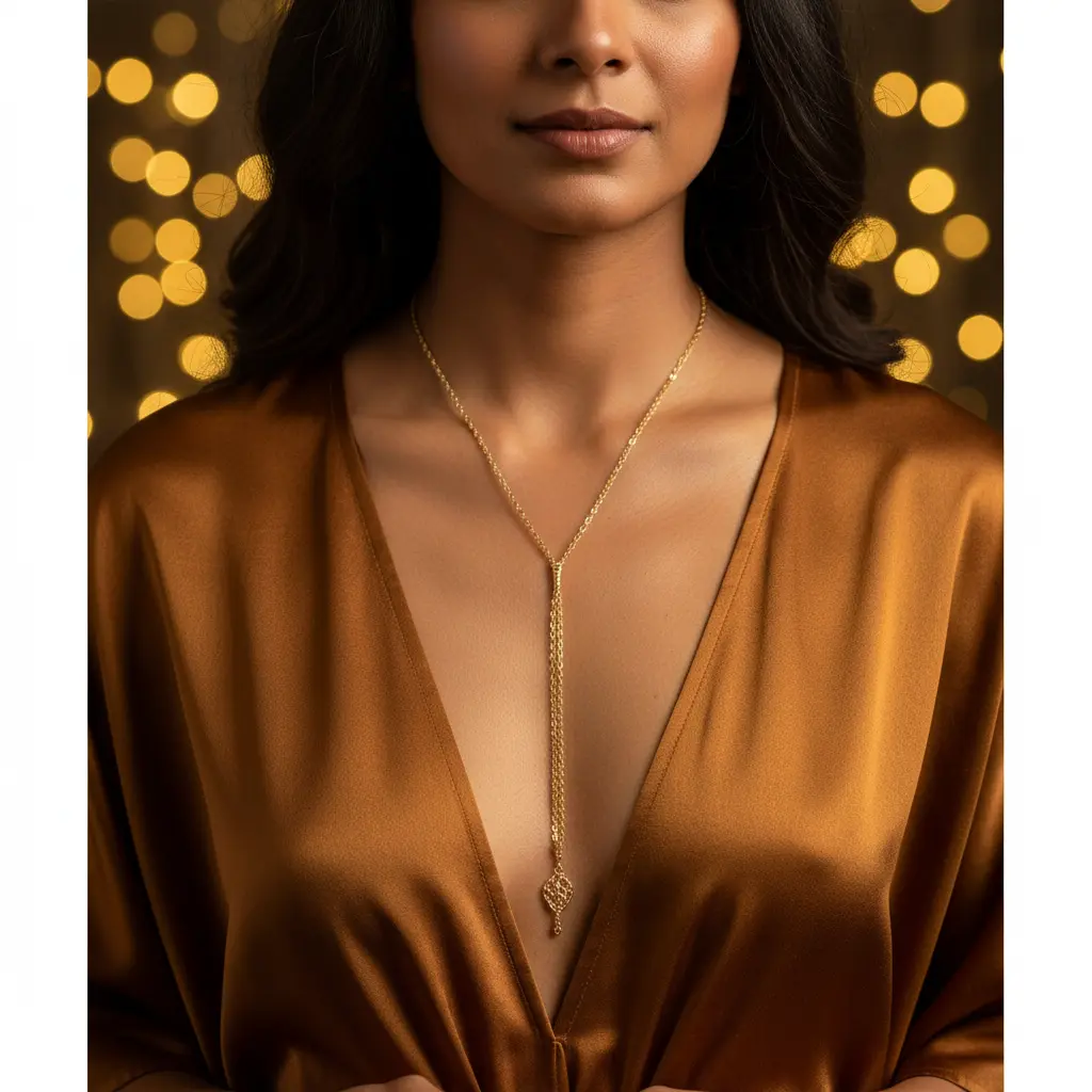 Long gold Y-necklace complementing a deep V kaftan neckline