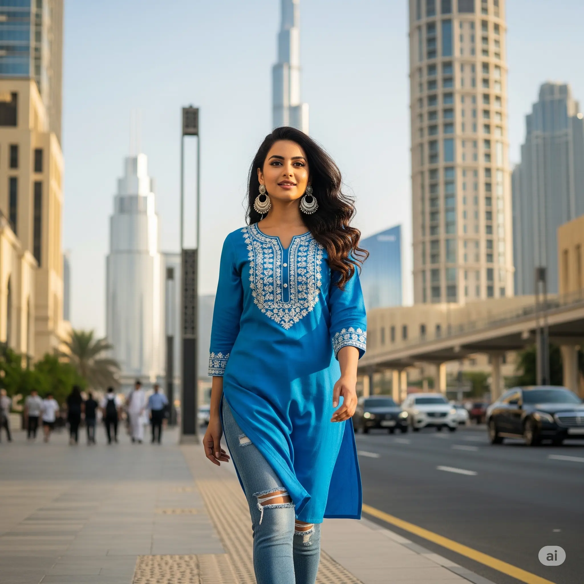 A young woman confidently wearing a kurti with ripped jeans and silver earrings on a city street