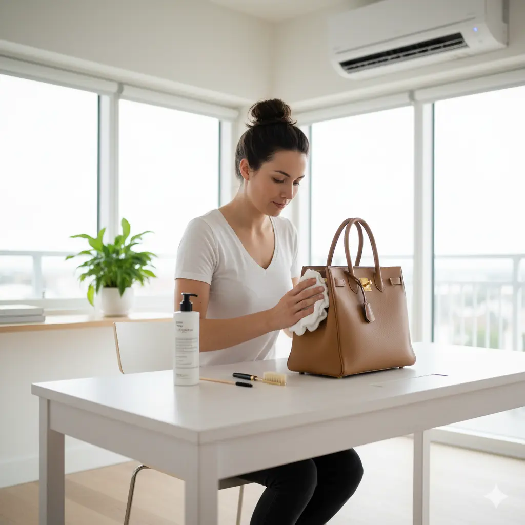 Woman cleaning her designer leather handbag in a bright, air-conditioned room