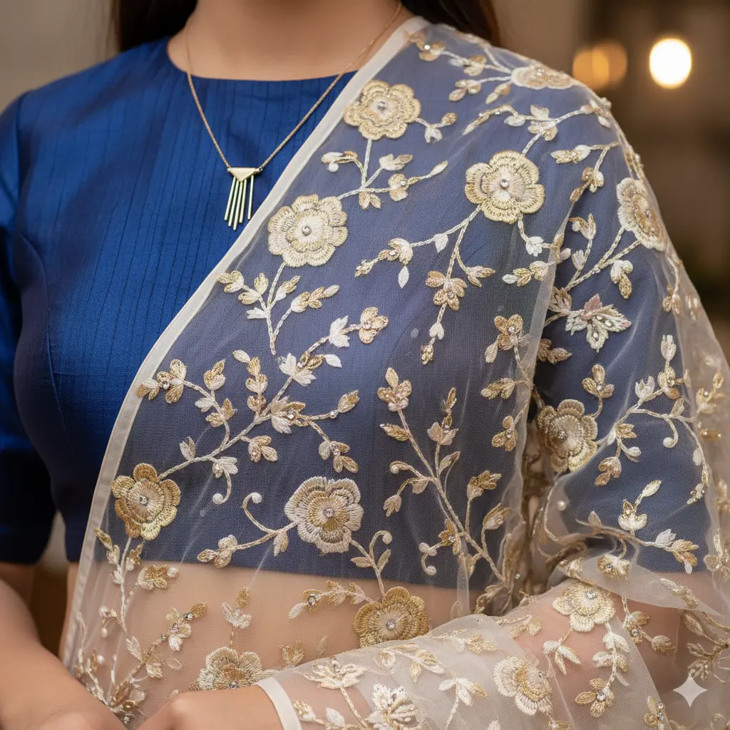 lose-up of sheer organza dupatta with embroidery, draped over contemporary ethnic fusion outfit]