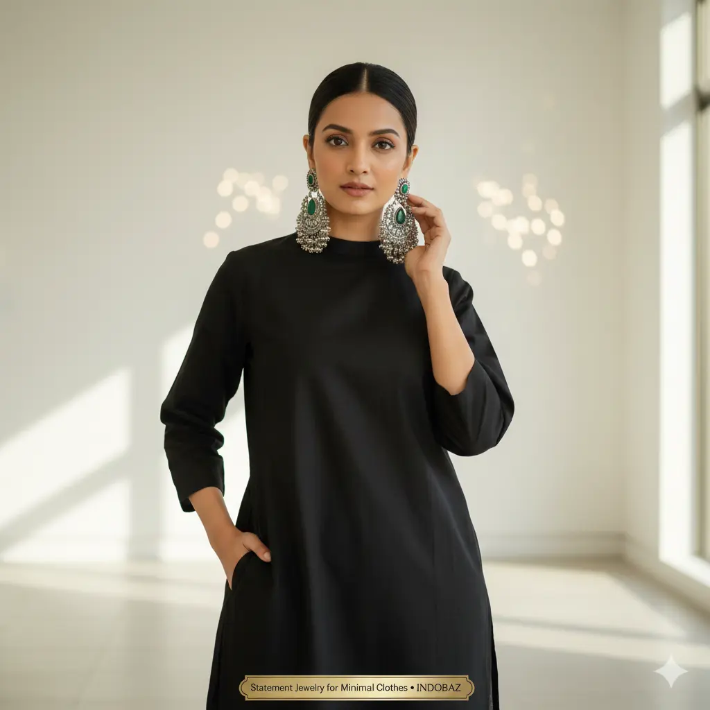 Woman wearing oversized earrings and a monochrome kurta – statement jewelry tips for minimal clothes