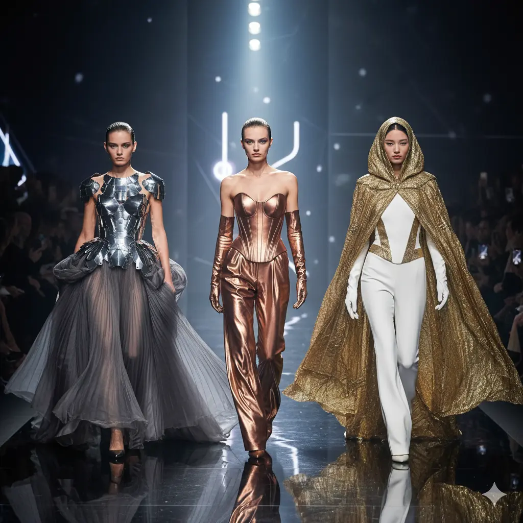 Models showcasing 2025 runway looks with metallics and flowy fabrics