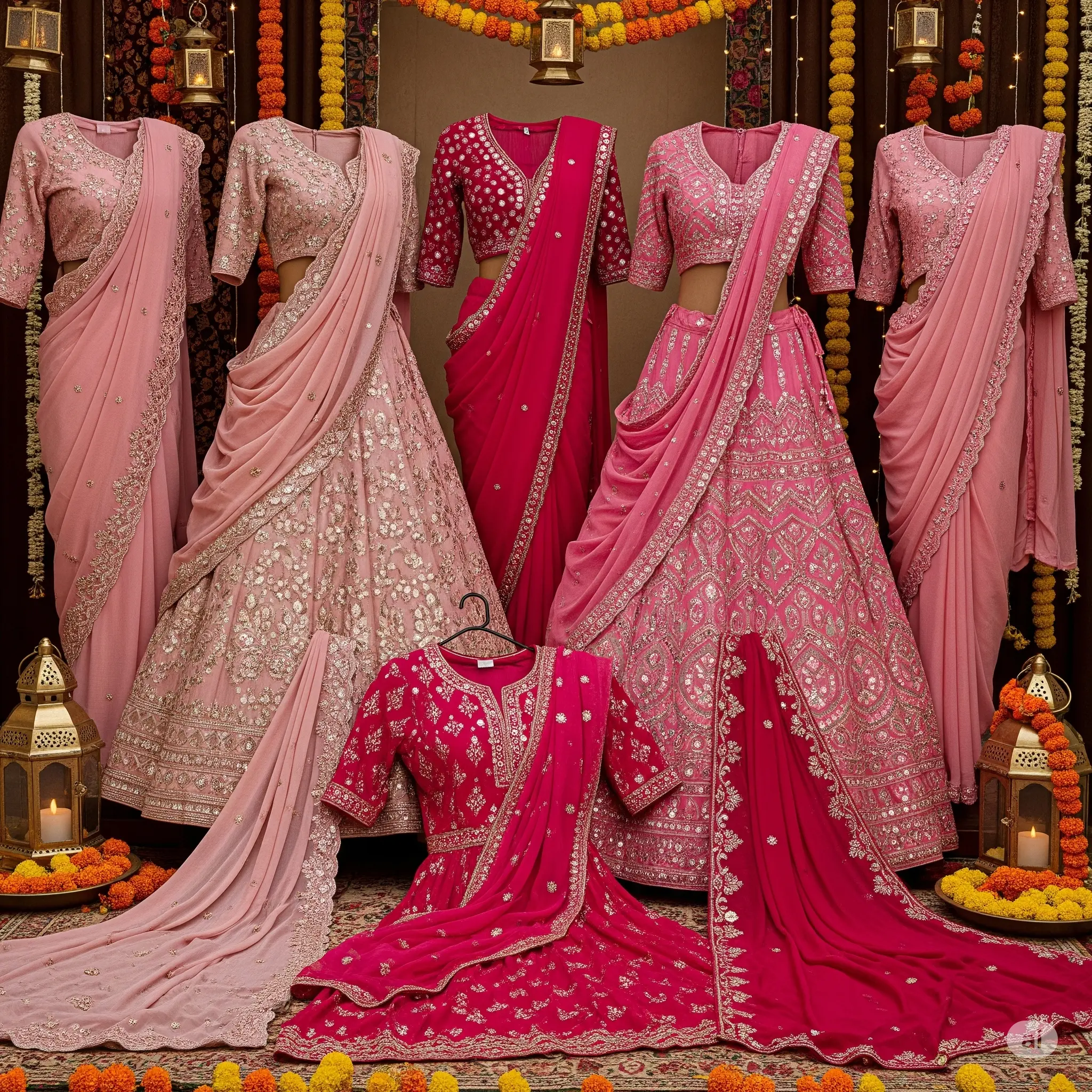 Traditional Indian garments in various tones of pink, styled for a festive setting