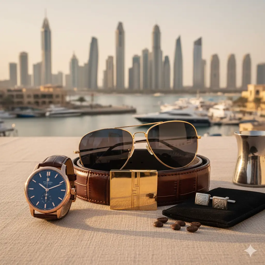 Stylish accessories for men in Dubai including a watch, belt, and sunglasses