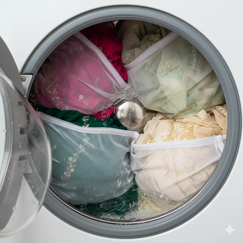 Mesh laundry bags with kurtis and dupattas inside a washing machine