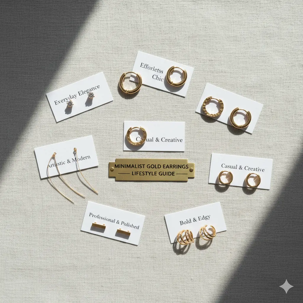 Flat-lay of minimalist gold earrings for various lifestyles