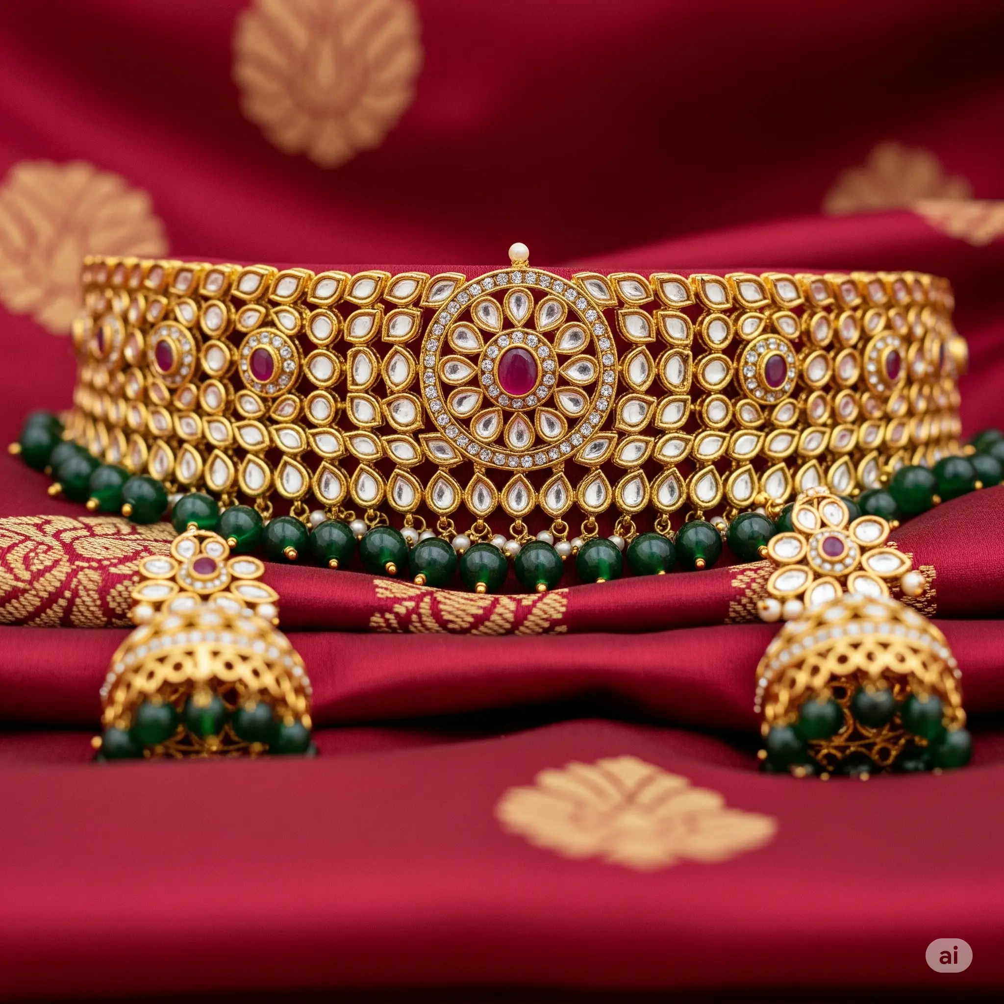 Close-up of a traditional Indian bridal kundan choker set with matching earrings against a sari background