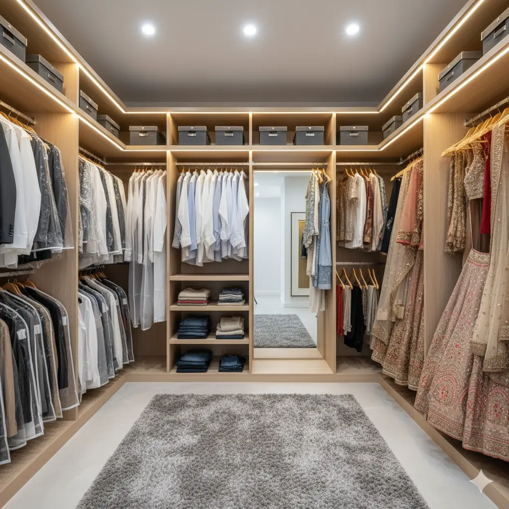 Neatly organized closet with space between ethnic outfits