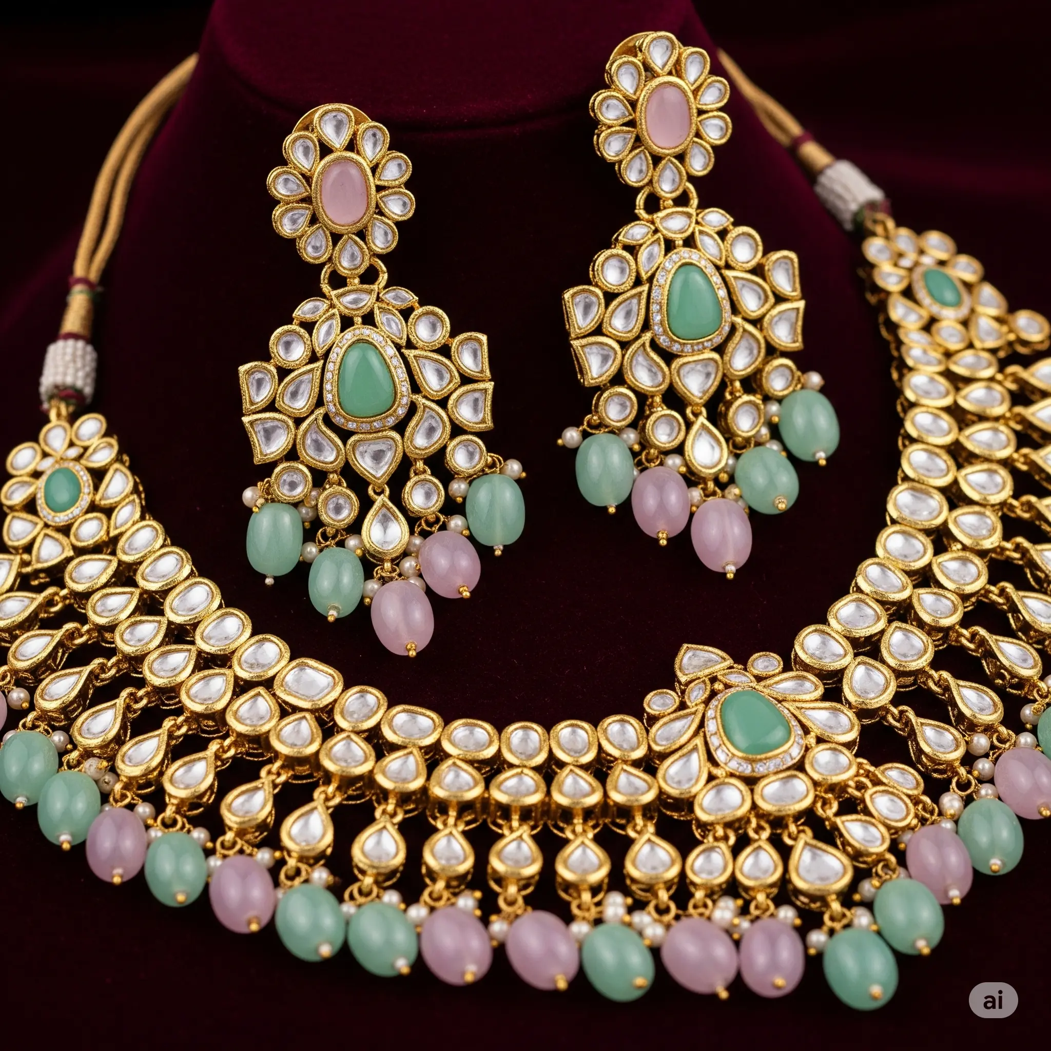 Display of a wedding bridal kundan set with polki elements and pastel-colored gemstones