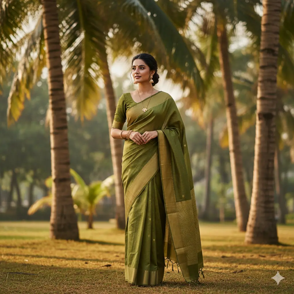 Model wearing an olive green handloom saree with minimalist gold jewellery under palm trees