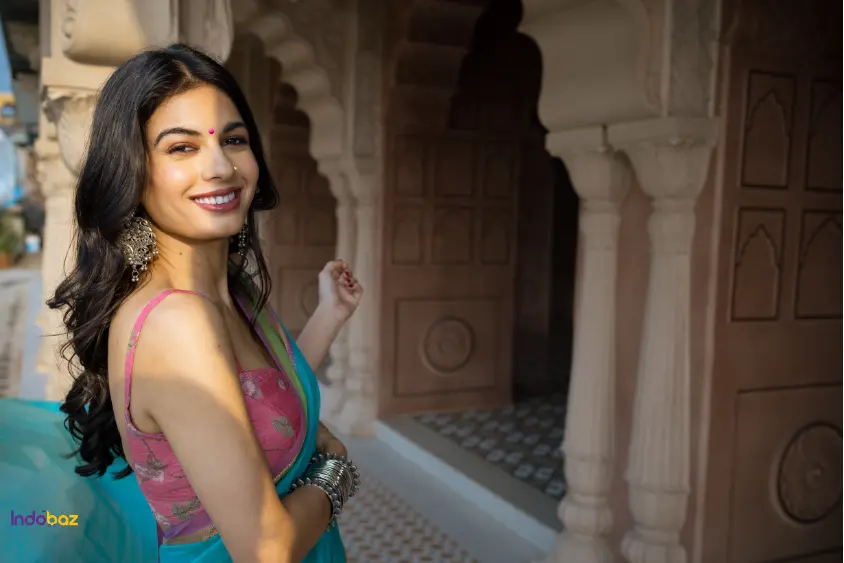 A fusion saree outfit with crop top blouse