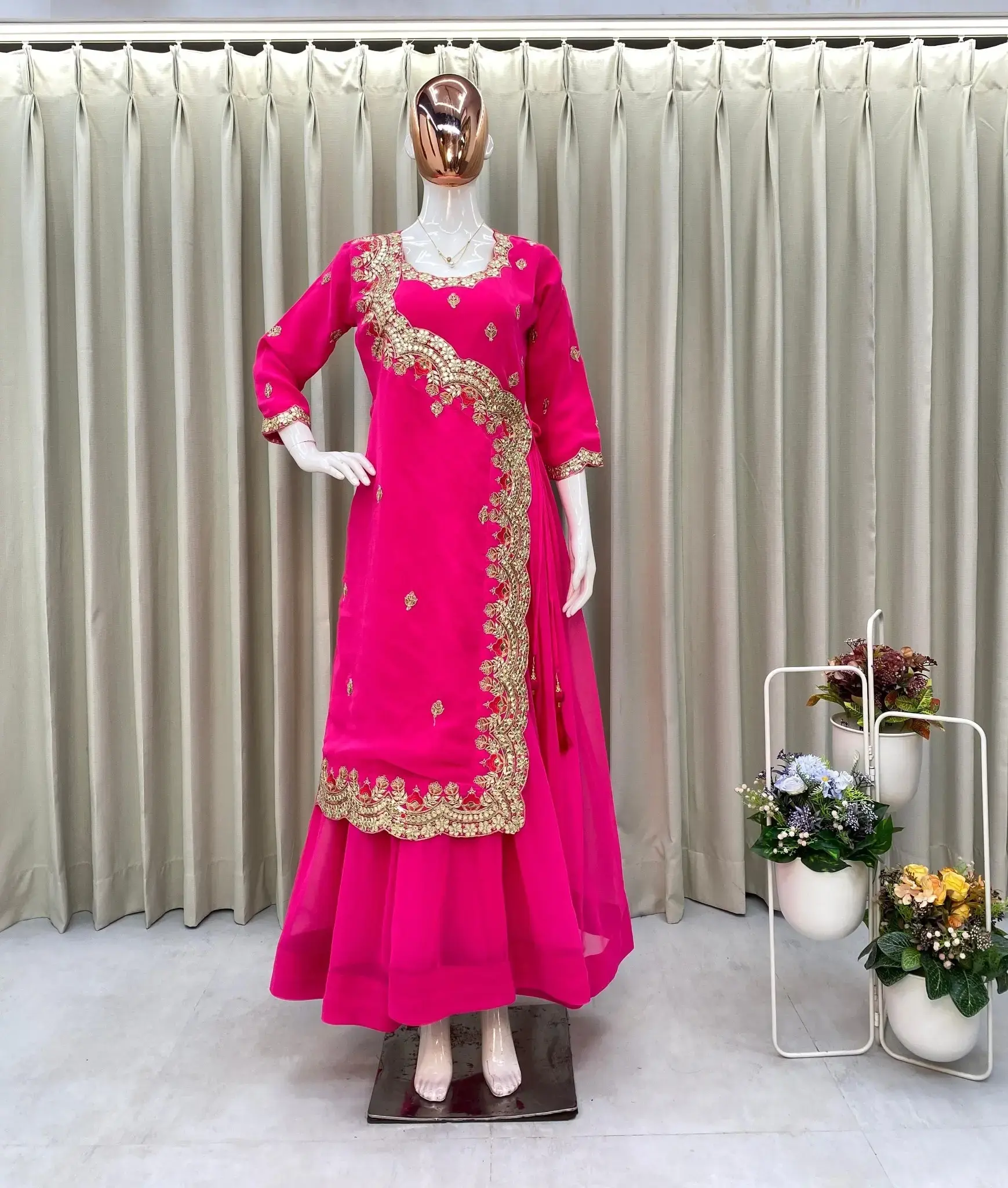 Floor-length gown Anarkali with modern neckline and embroidered details
