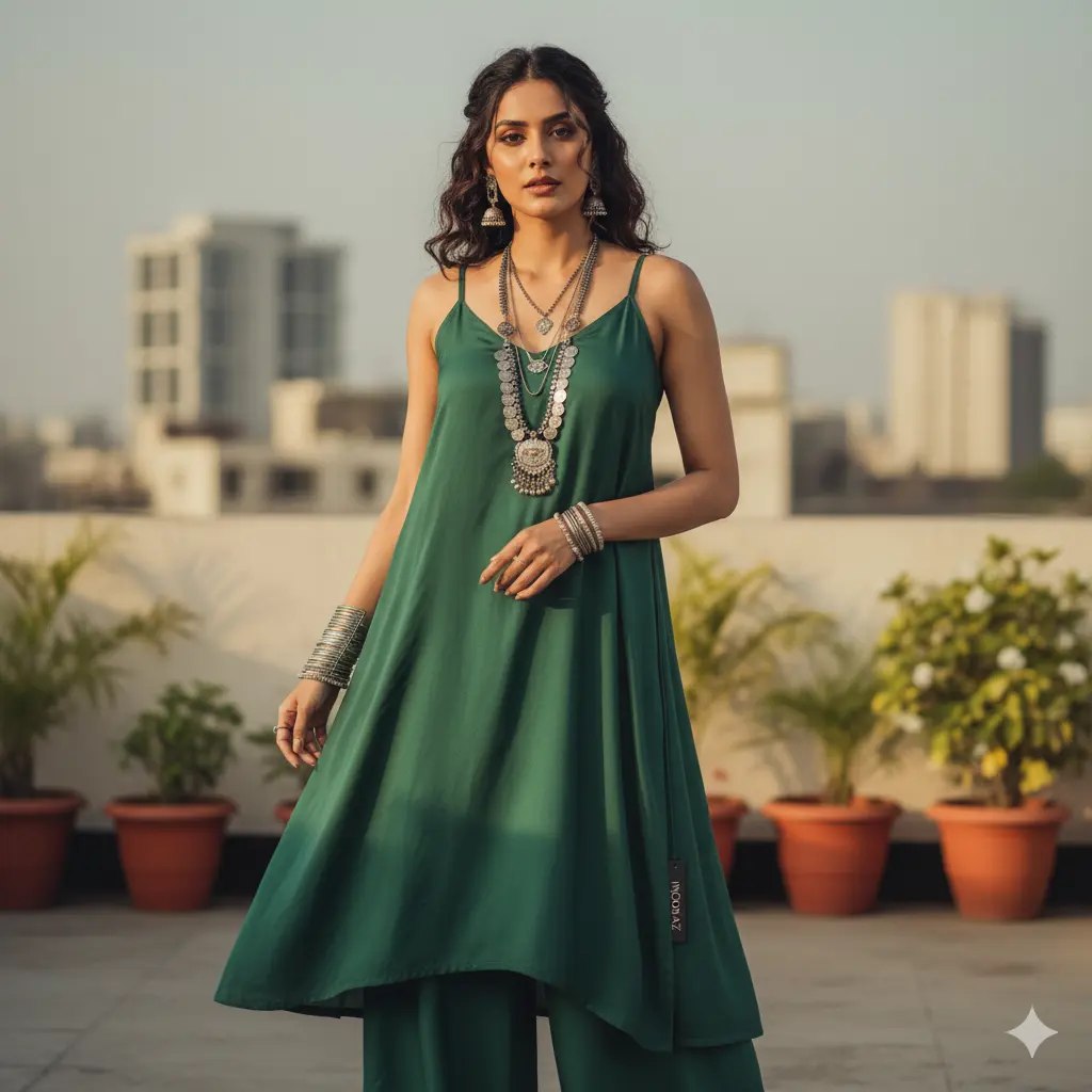 Satin strap kurta from Indobaz styled with palazzos and layered jewellery