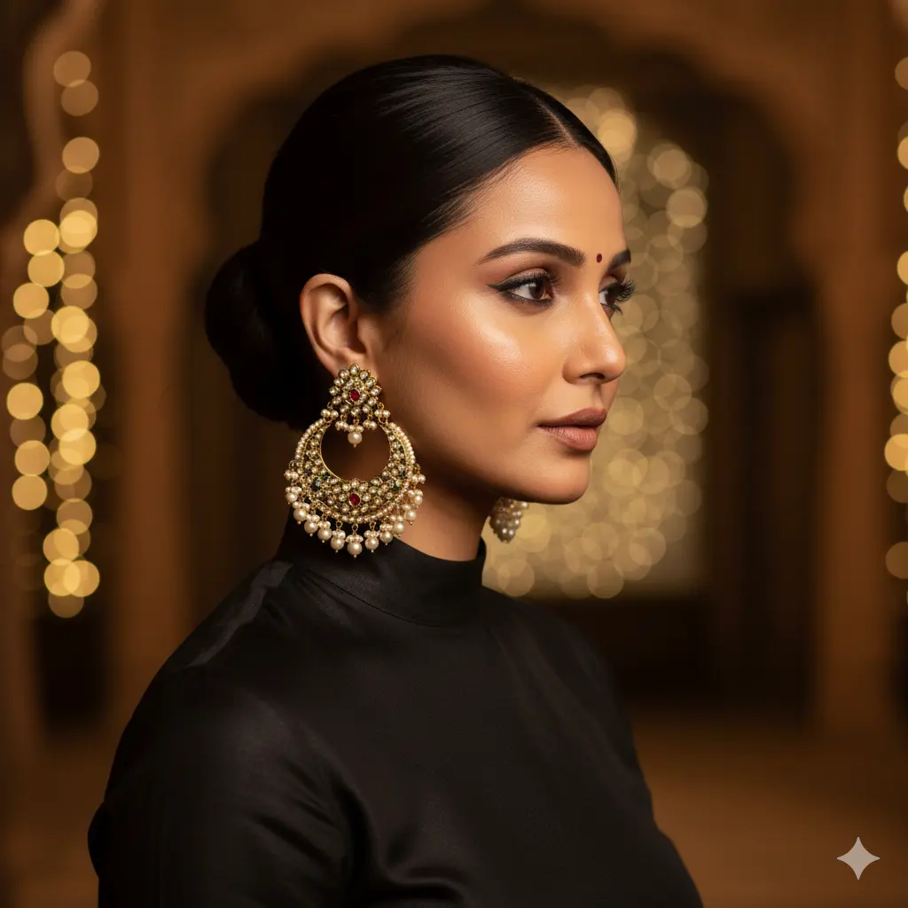 Side profile of woman with swept-back hair wearing large Chandbali earrings