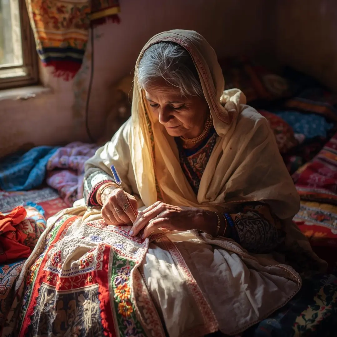 Punjabi grandmother stitching a Chope with care and tradition