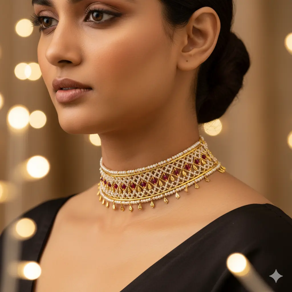 Gold choker necklace with minimalist South Asian beading