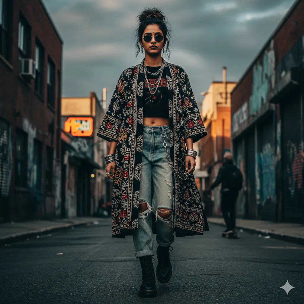 Woman wearing block print open-front jacket over jeans capturing South Asian grunge fusion