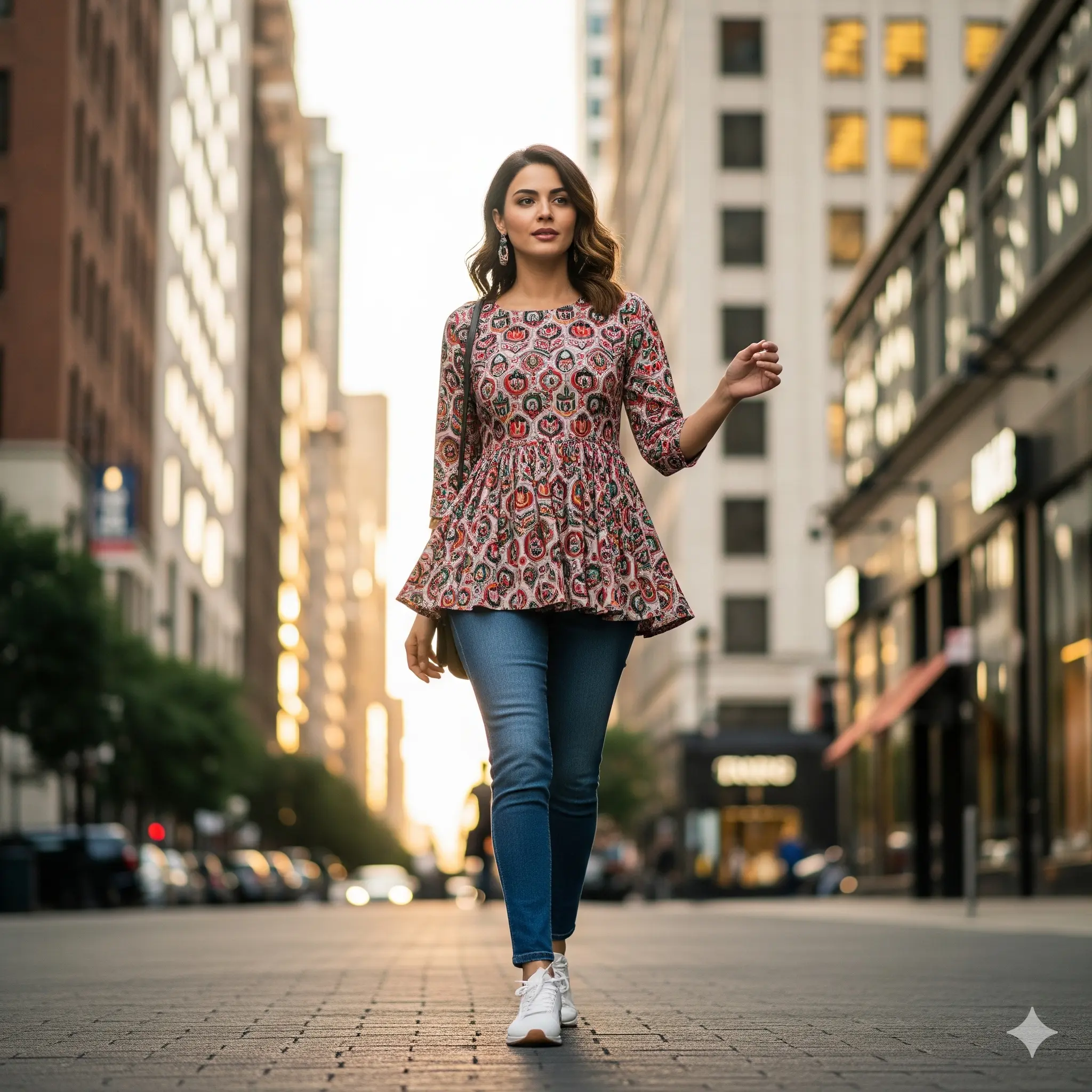 Peplum kurti with jeans and sneakers styled in an urban city backdrop