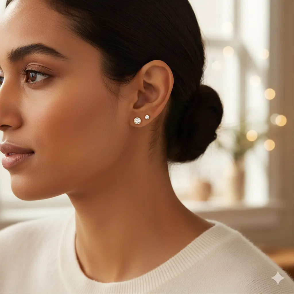 Woman wearing minimalist stud earrings for everyday wear