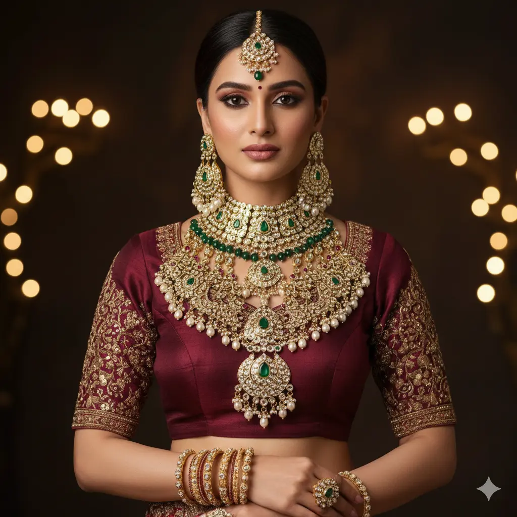 Woman wearing matching statement necklace and earrings set, appearing over-accessorized