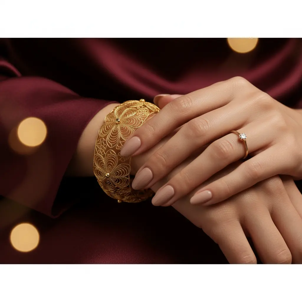 Hand close-up with a gold filigree cuff and neatly manicured nails