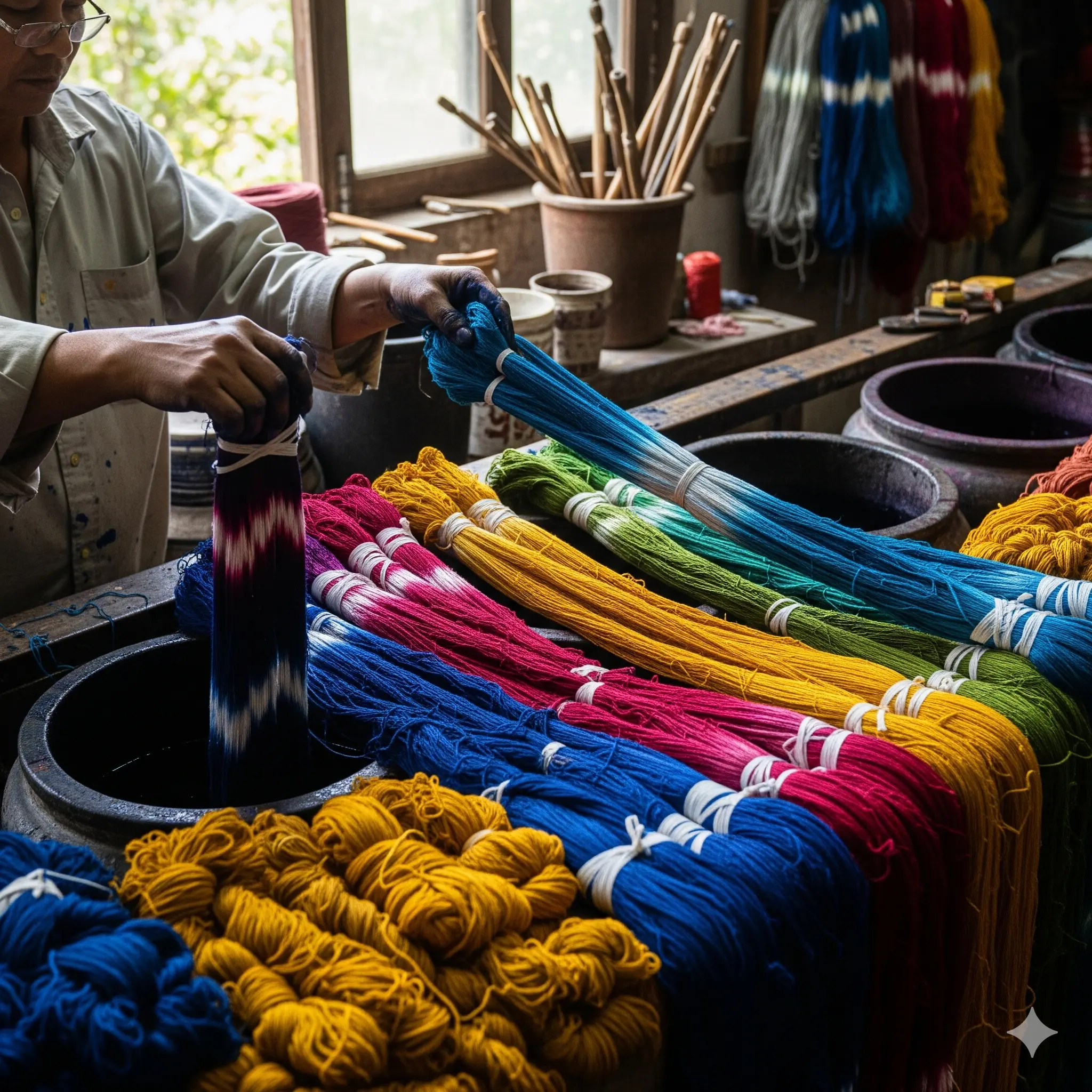 Artisan preparing dyed threads for Ikat weaving – showing the Ikat dyeing process