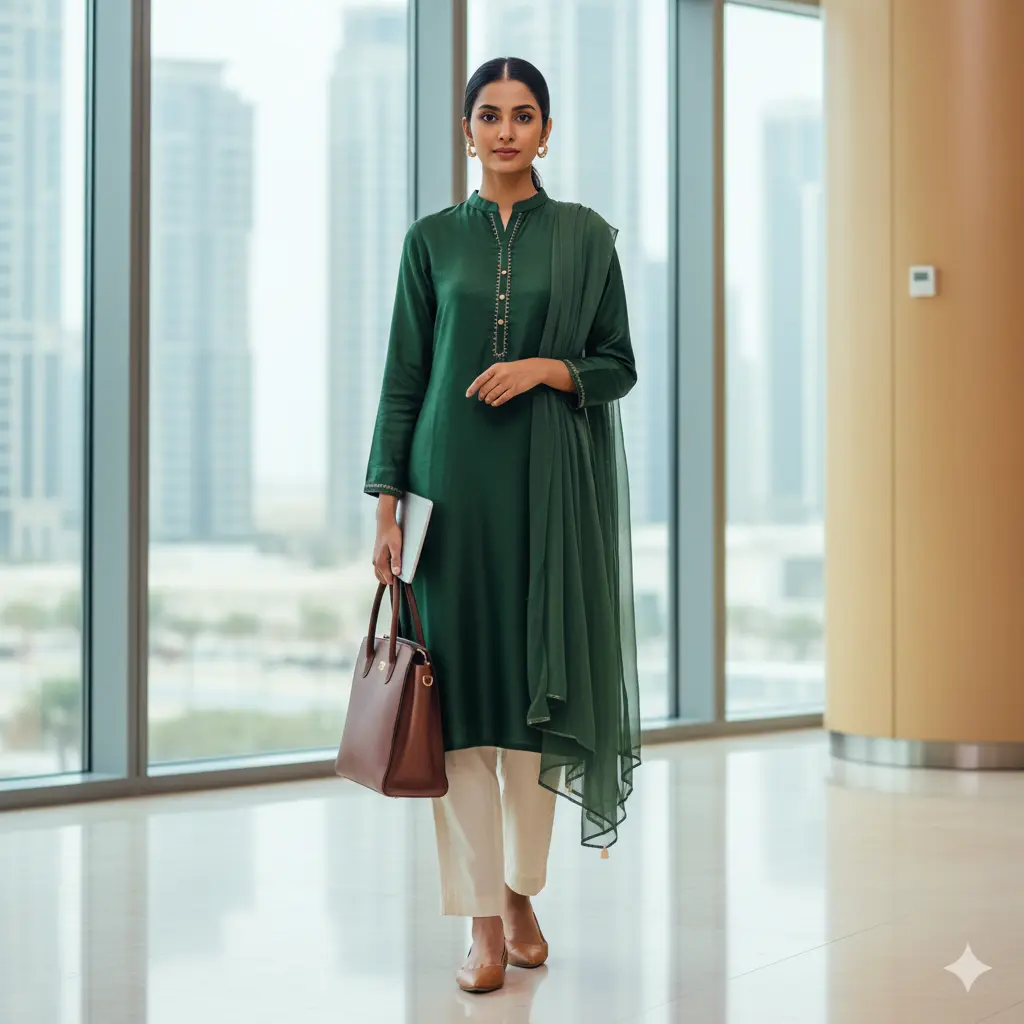 Professional woman in a modest yet stylish office ensemble featuring Indobaz fusion wear