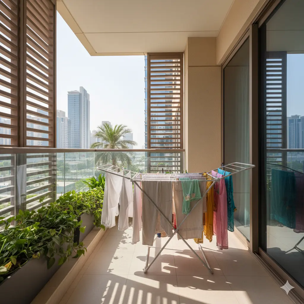 Clothes air-drying on covered balcony in UAE sunlight