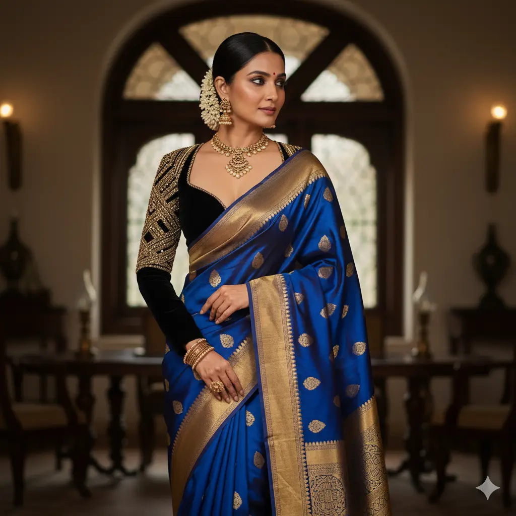 Elegant woman wearing a Kanjivaram saree with statement blouse styling