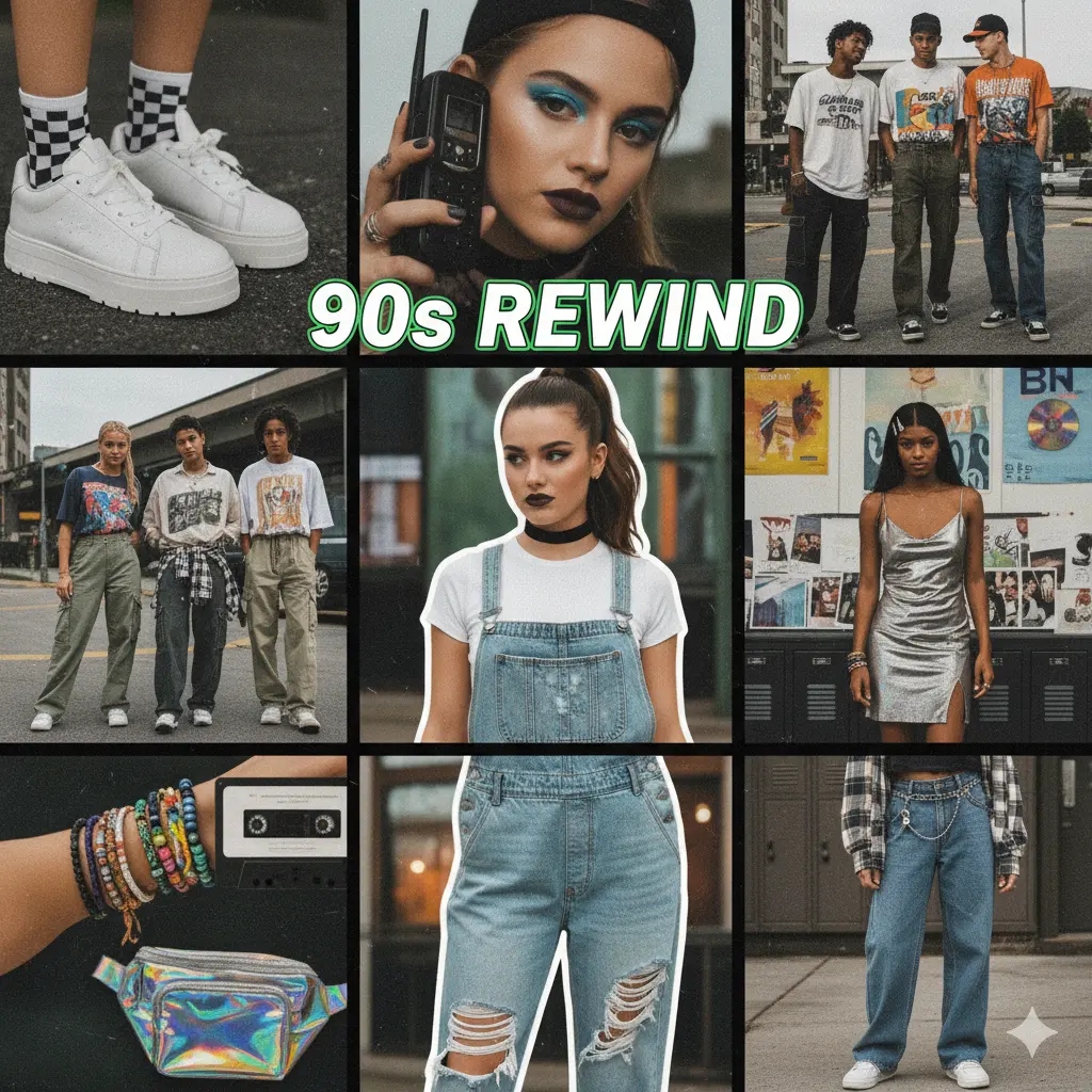 Retro-inspired fashion collage featuring 90s elements like denim, chokers, and crop tops