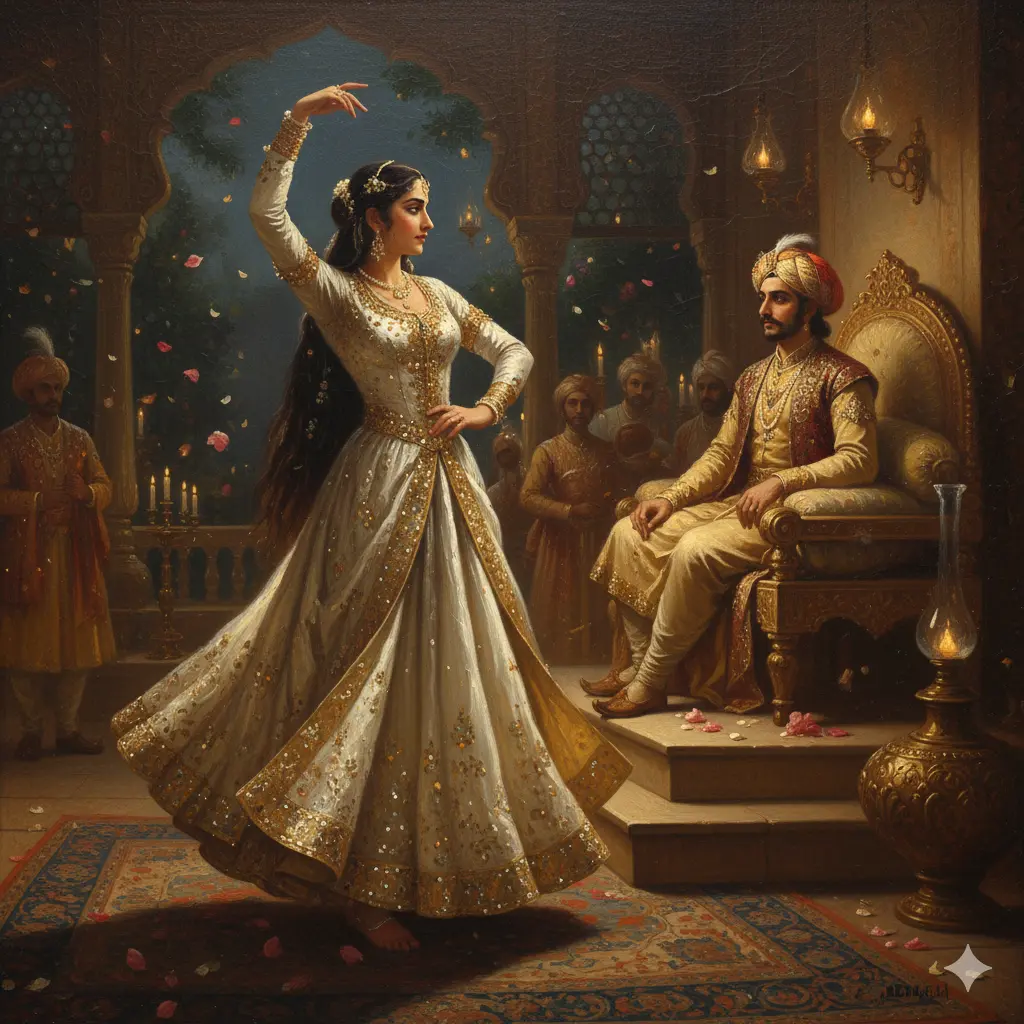 Classical painting depicting the love story of Anarkali and Prince Salim