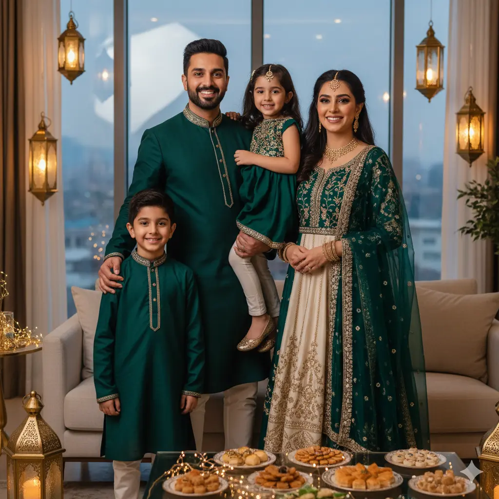 A family in coordinated ethnic wear posing for an Eid celebration