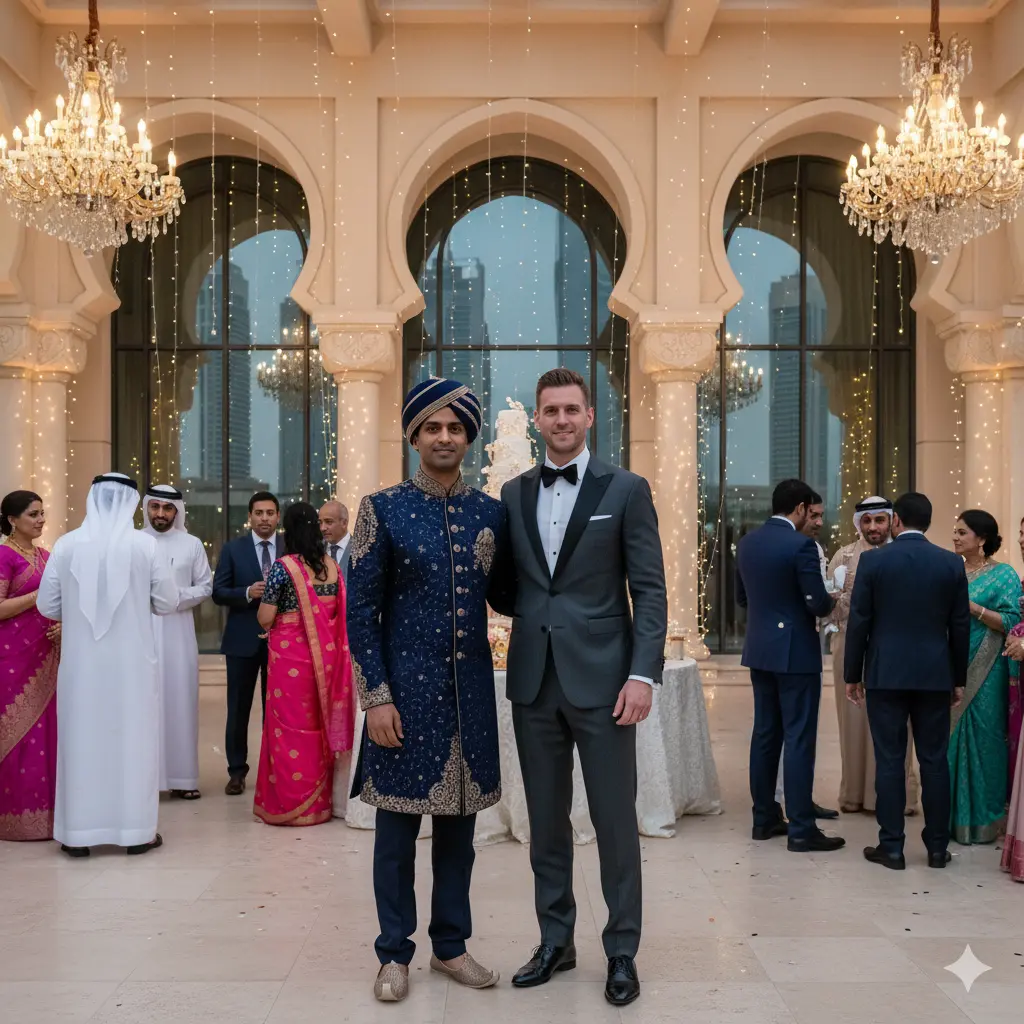 Men in traditional and western wedding outfits at a multicultural Dubai event