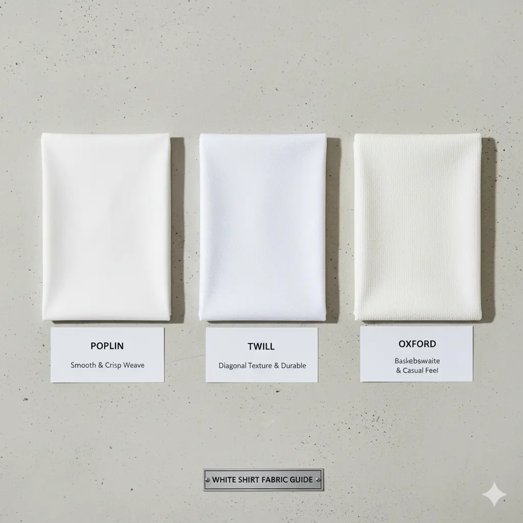Comparison of poplin, twill, and Oxford white shirt fabrics in flat lay