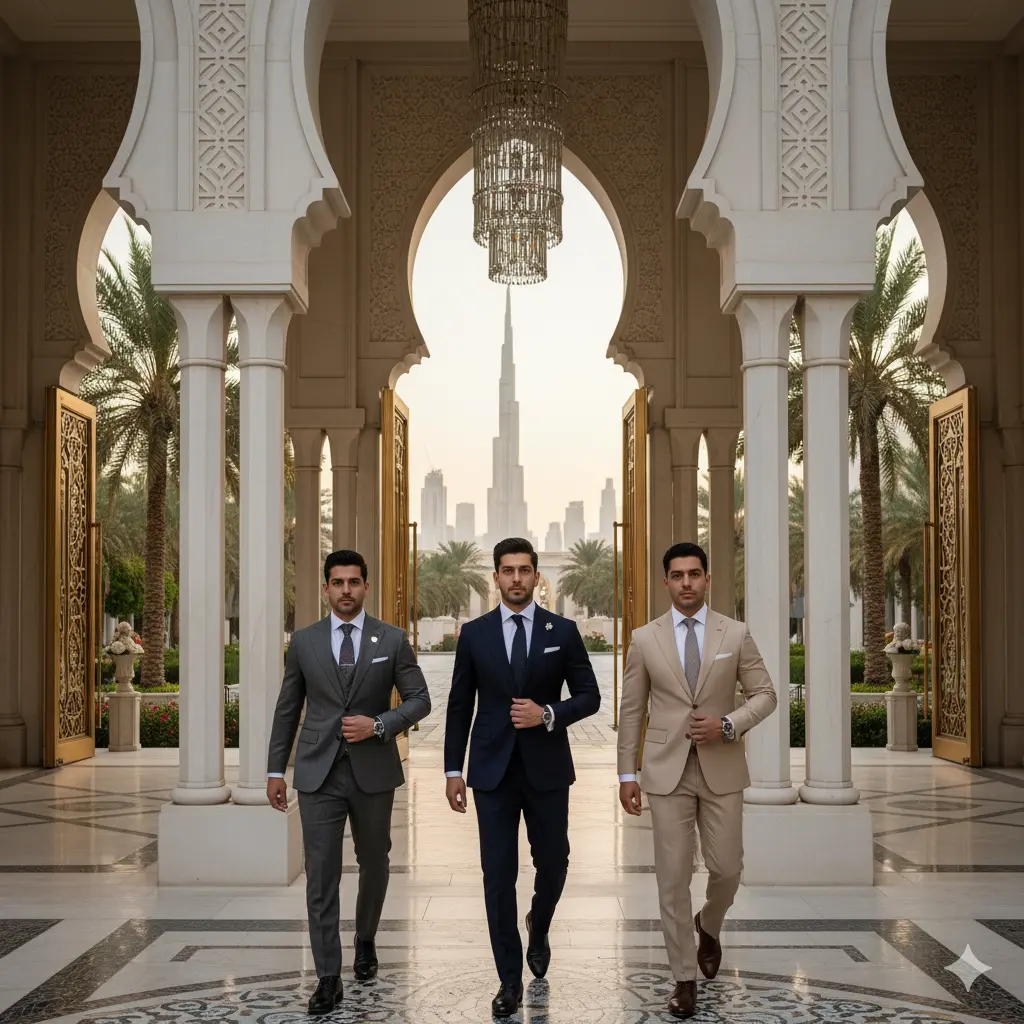 Suited gentlemen walking into a Dubai wedding venue with elegant architecture
