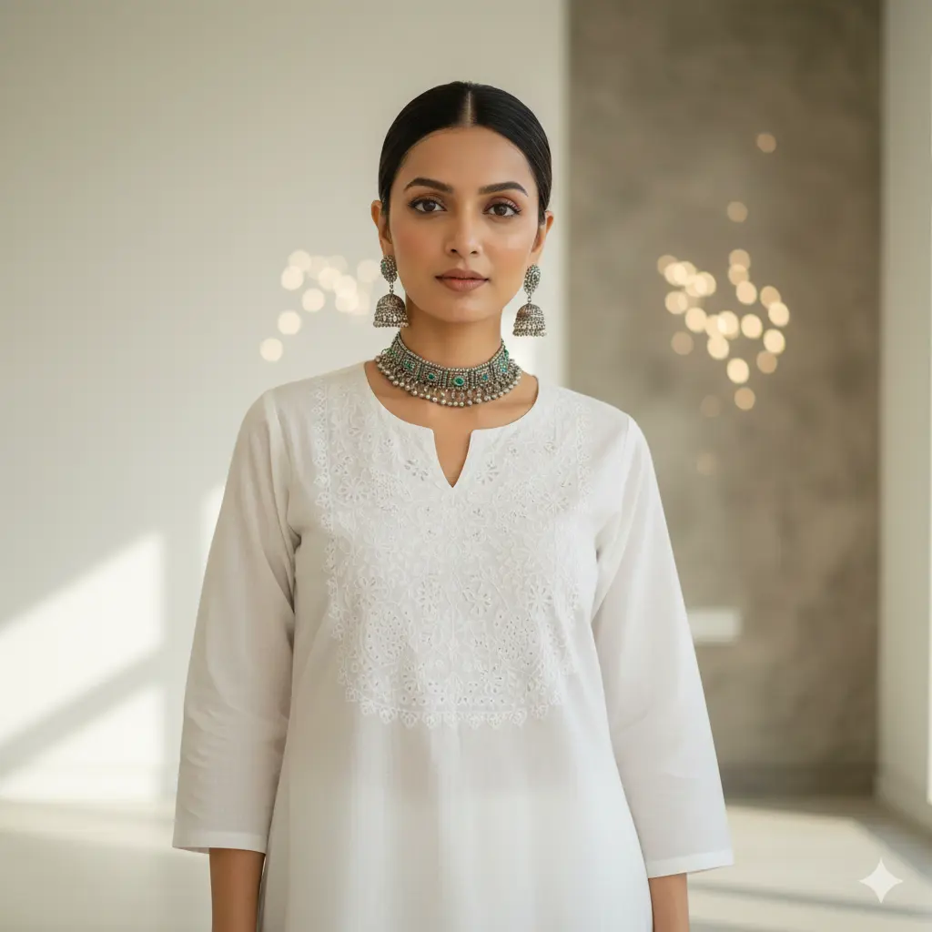 Oxidized silver jewelry styled with a white cotton kurti – everyday ethnic wear accessories