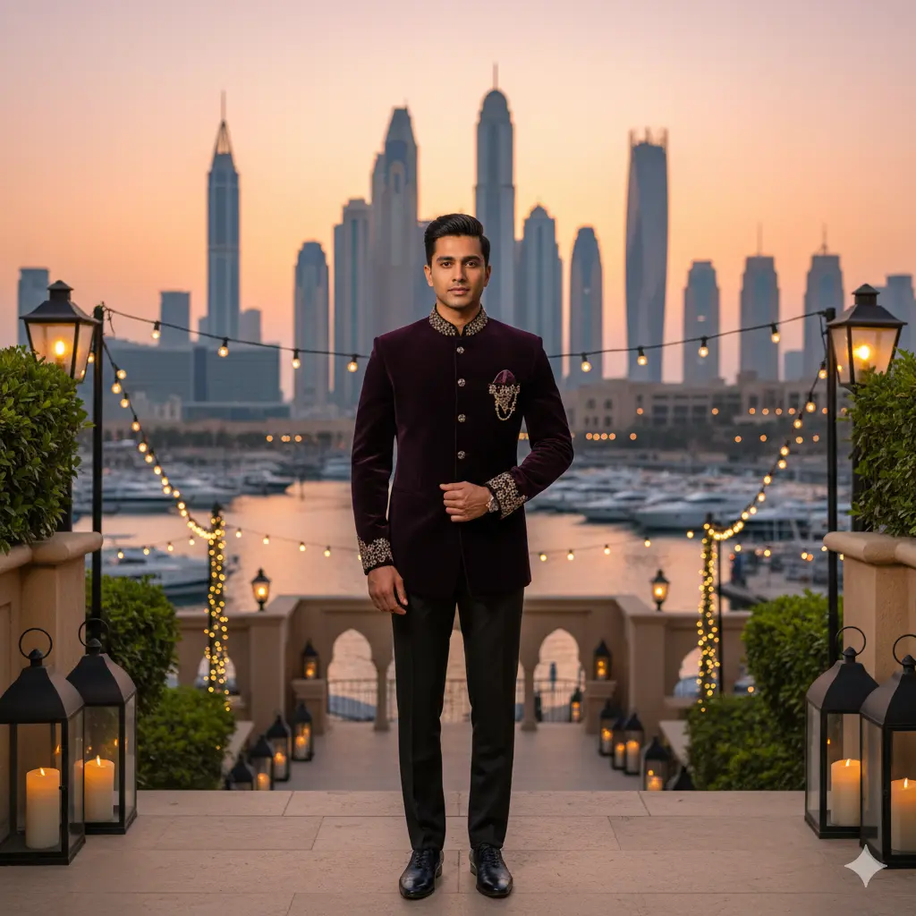 Man in a Bandhgala suit standing by a Dubai marina wedding venue at sunset