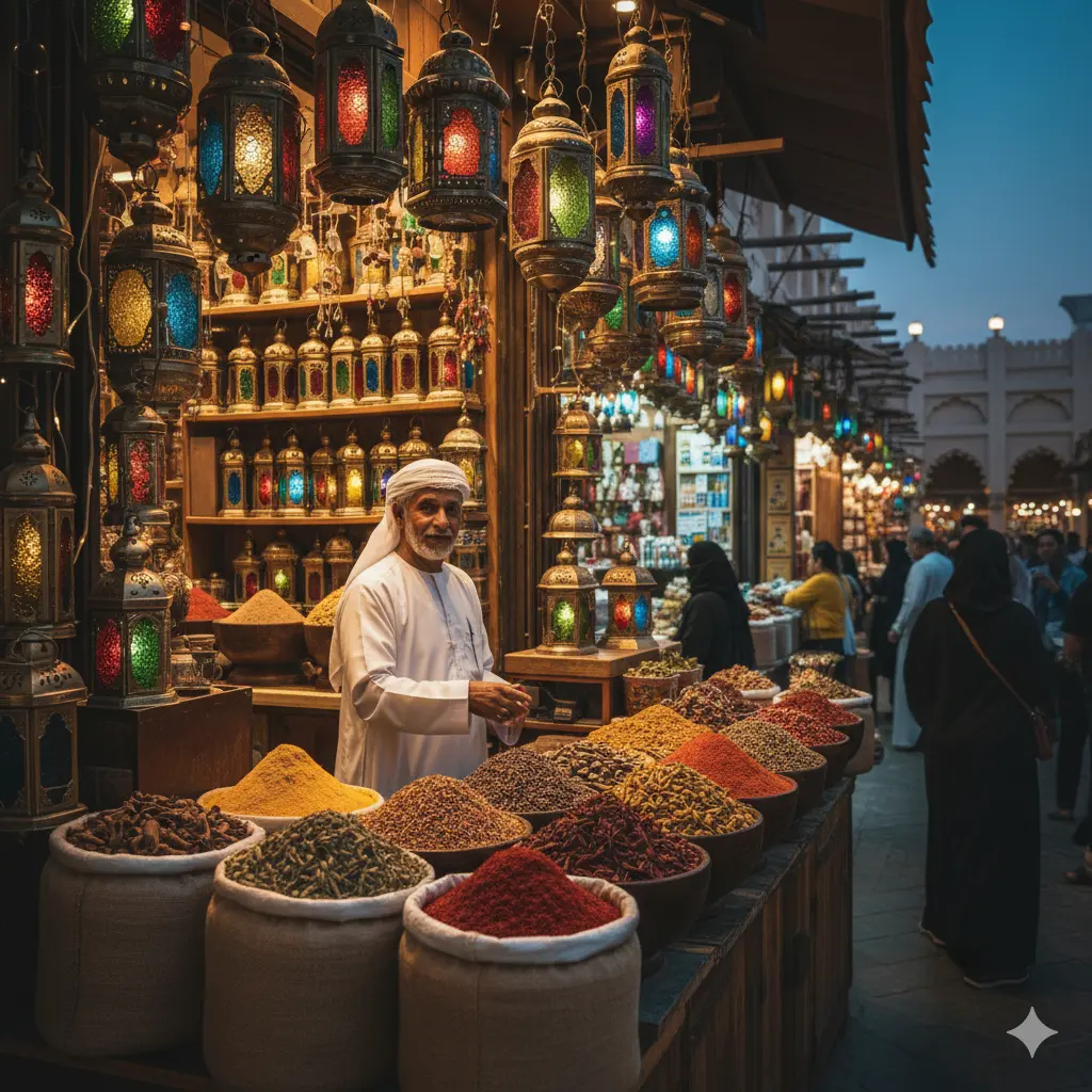 Traditional lantern and spice stall in Dubai Souk during Ramadan