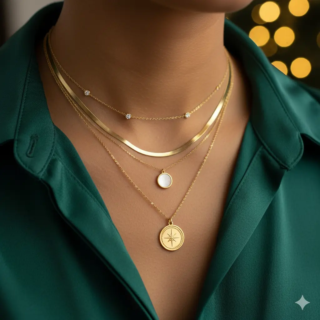 Close-up of necklace stack with perfect spacing and length variation