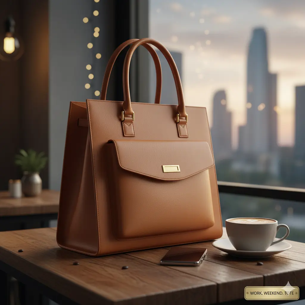Structured tan leather work to weekend tote bag stylishly placed on a cafe table