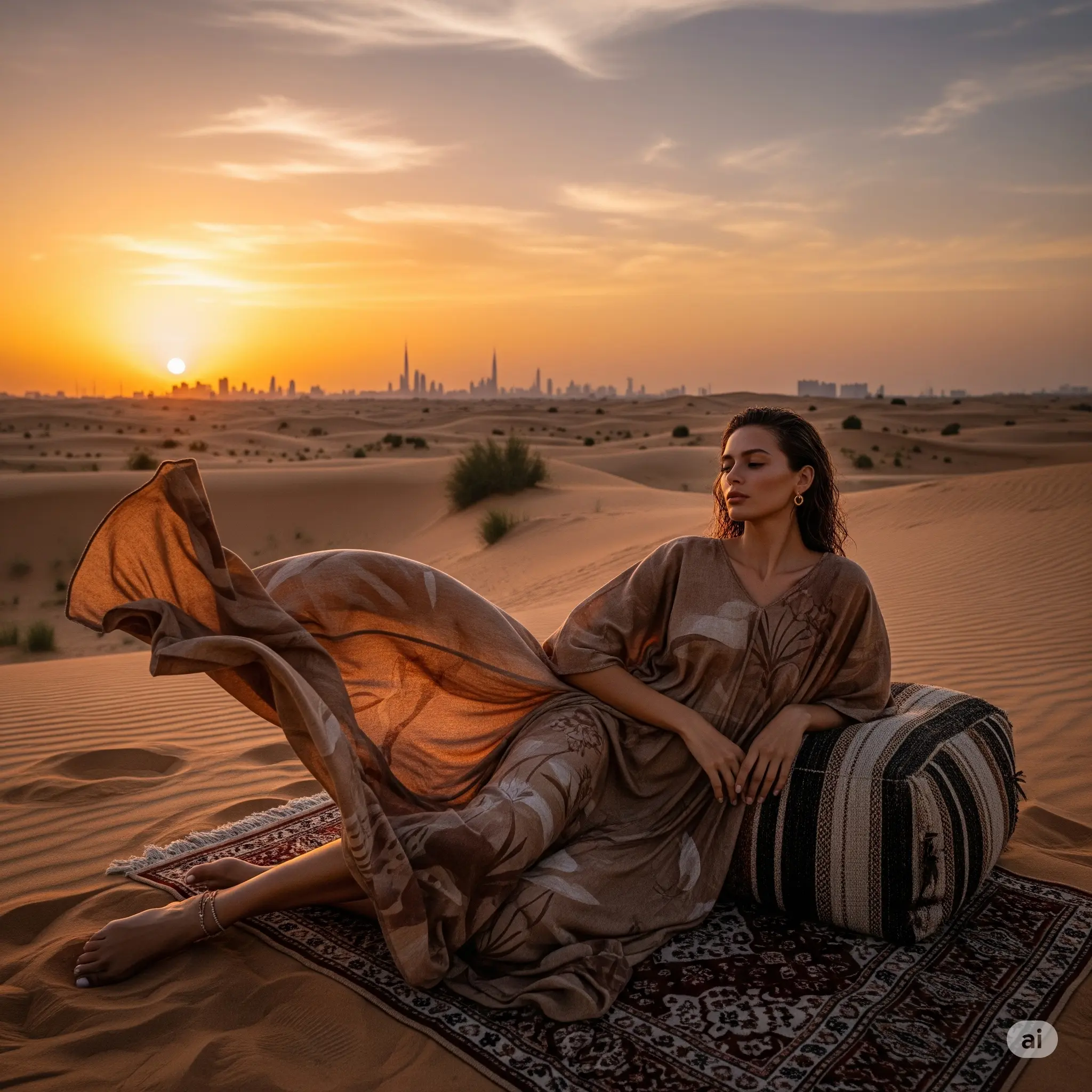 A TerraTints model lounging in a bamboo fiber kaftan near a Dubai desertscape