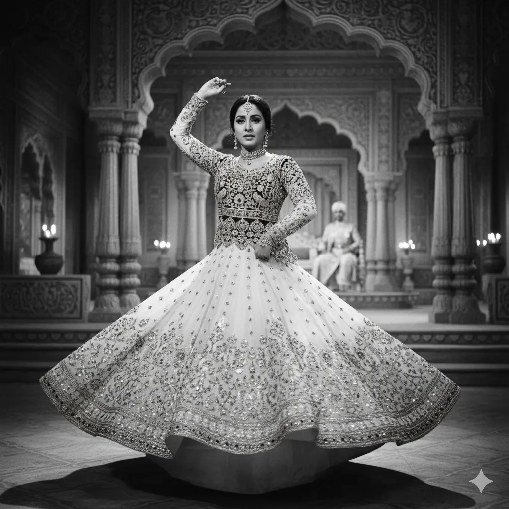 Film still of Madhubala in a classic Bollywood Anarkali from Mughal-e-Azam