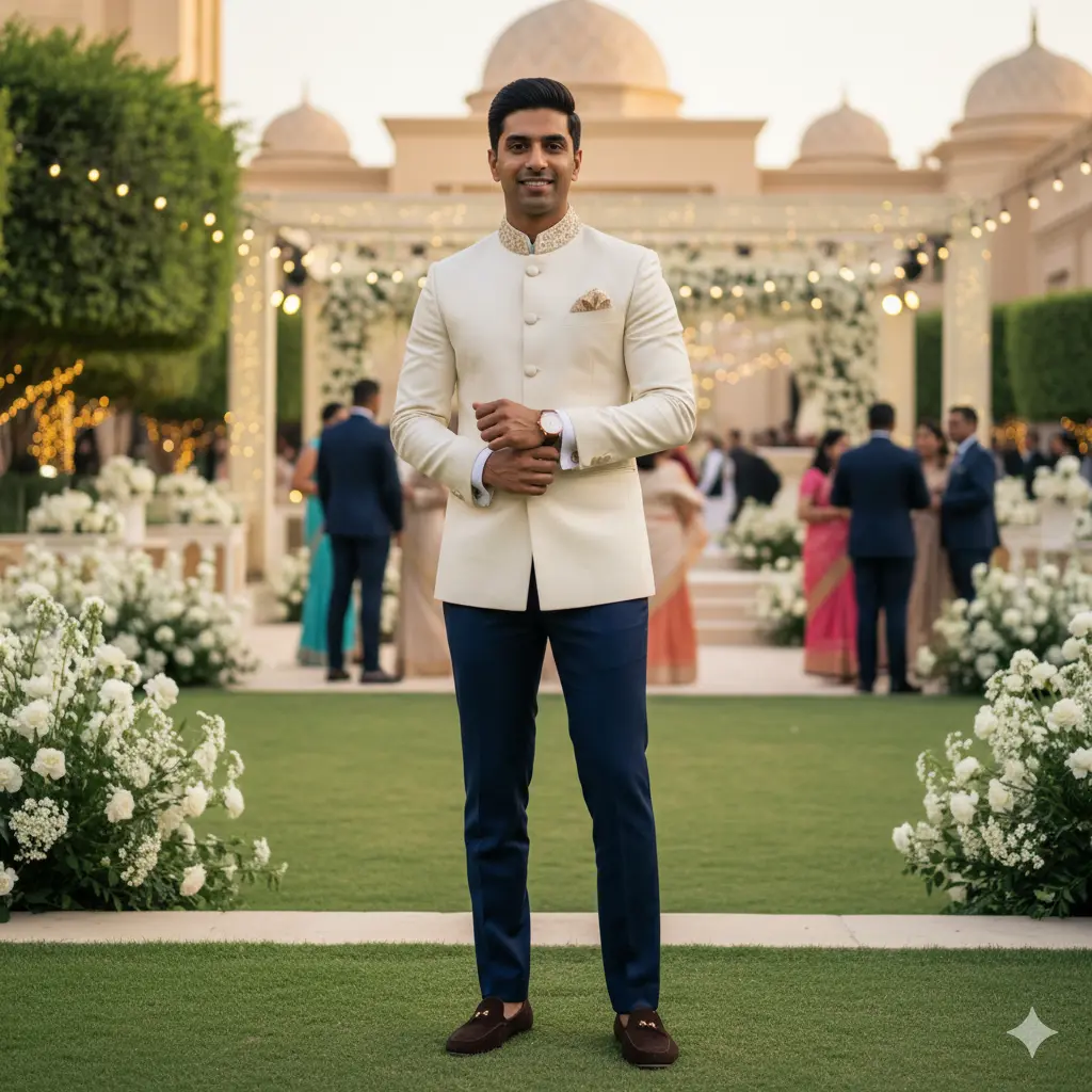 Stylish man in a Nehru jacket and loafers posing at a garden wedding in Jumeirah