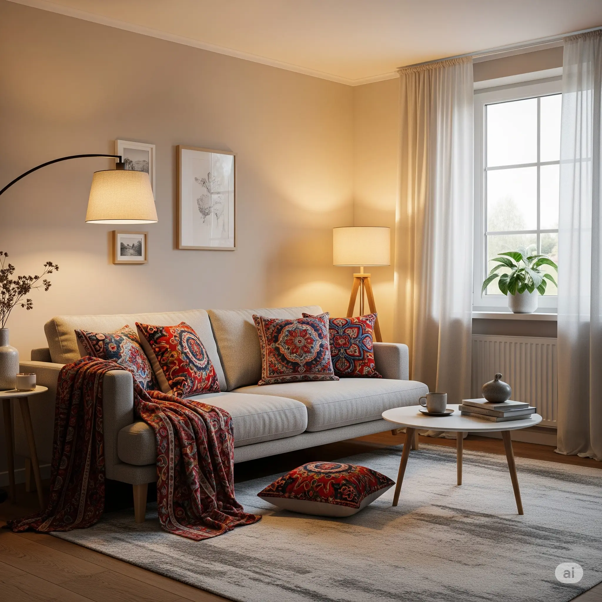 A cozy modern living room featuring bold Indian print cushions and a throw on a neutral couch