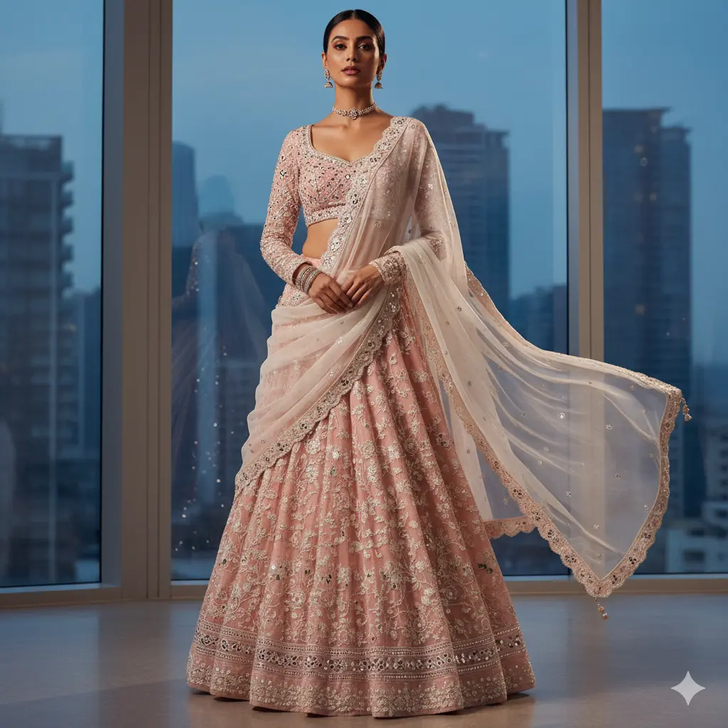 Stylish woman draping lehenga dupatta over shoulder like saree pallu