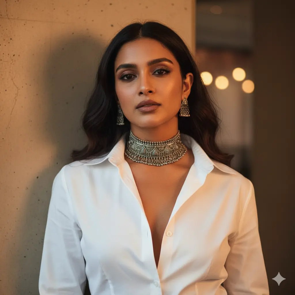 Oxidized silver choker styled with a minimalist white button-down