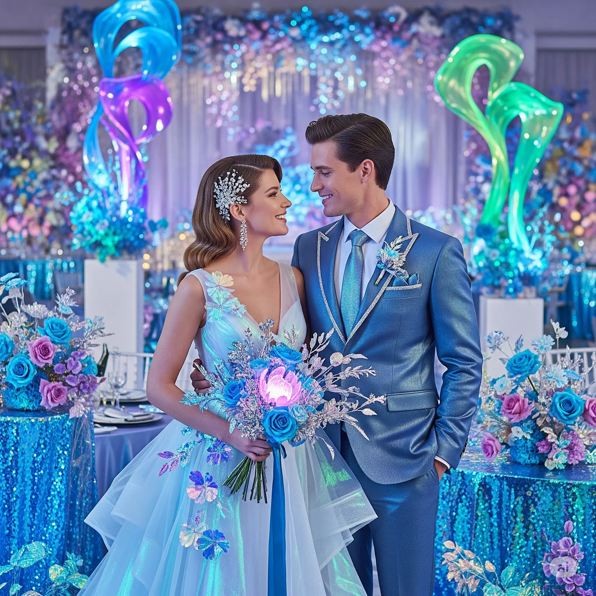 Bride and groom in coordinated Future Bloom attire, surrounded by wedding décor