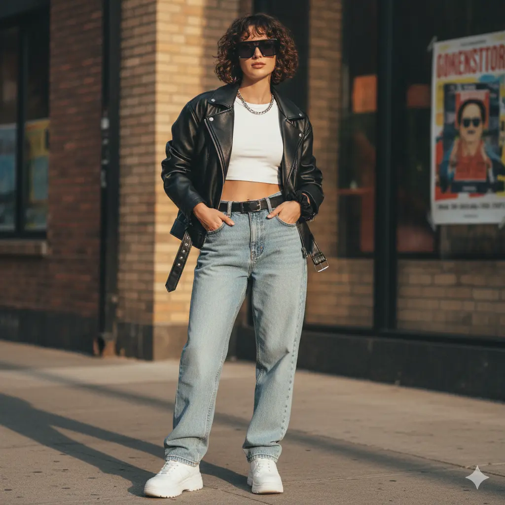 Modern outfit styled with thrifted 90s baggy jeans and vintage sunglasses